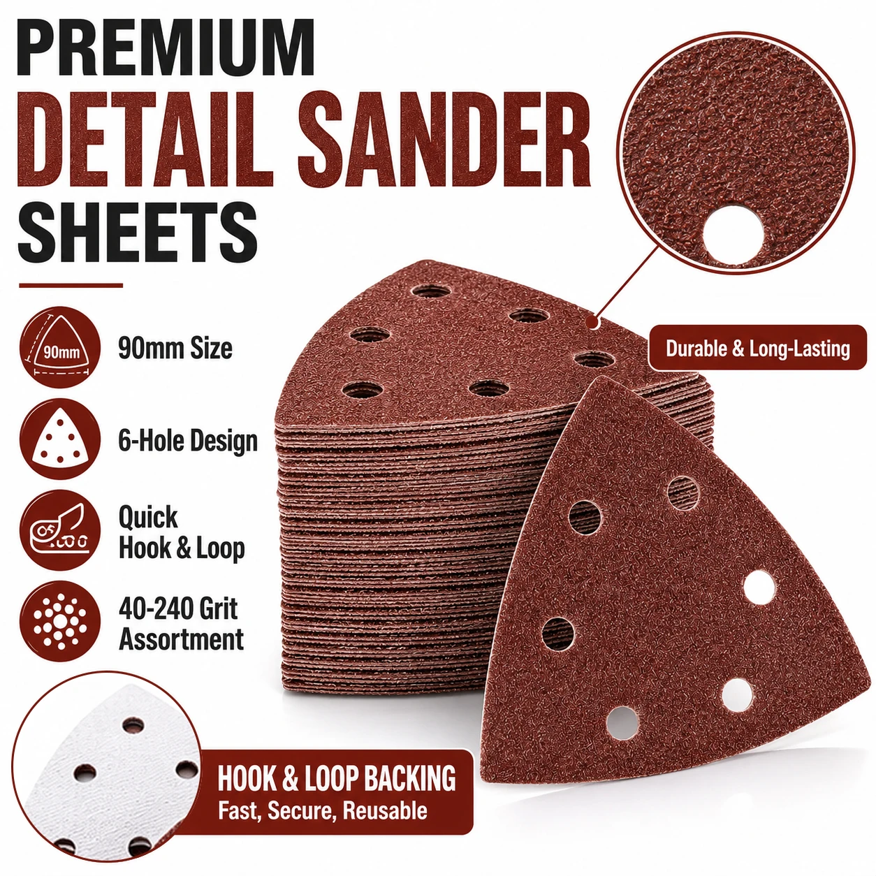 40-240 Grit Assorted Triangle Sanding Pads 90mm 6 Hole Hook Loop Detail Sander Sheets Wood Metal Finishing