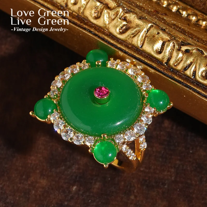 

Vintage Green Ring Jade For Woman Glass Round Elegant Gold Color Rhinestone Luxury Jewelry Quality Mother Gift Christmas 2025
