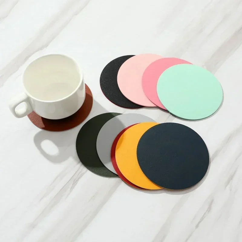

10cm Round Solid Color Drink Coffee Tea Cup Mats Water Proof Leather Coaster Cup Holder Mat Heat Resistant Table Protector Pad