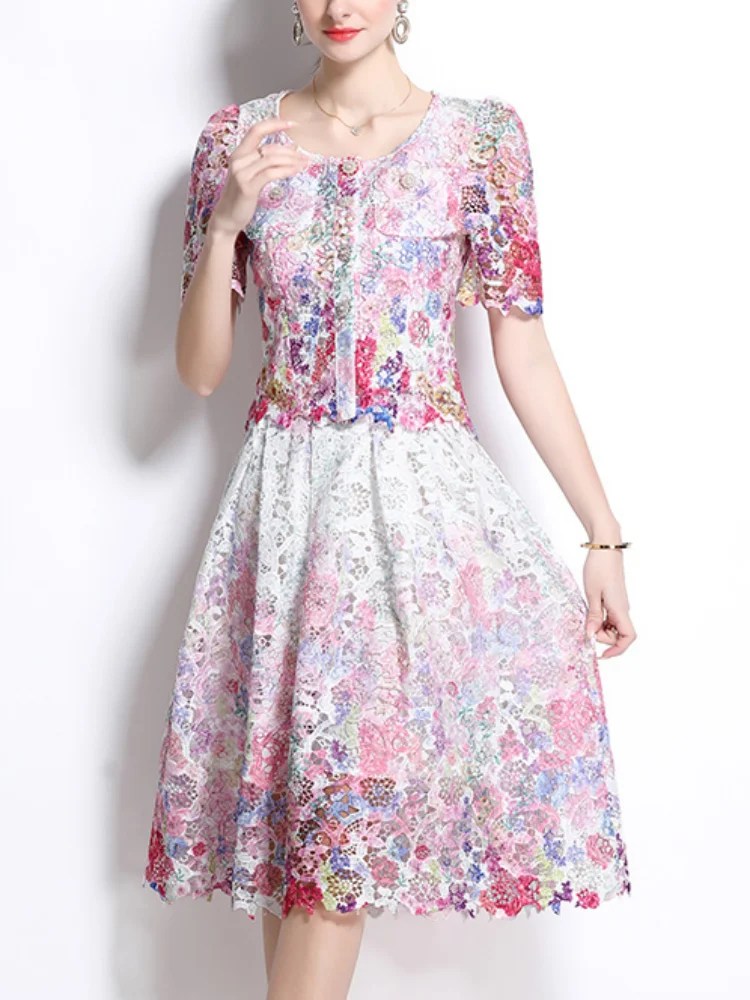 SMTHMA Embroidery Two Piece Set for Women O Neck Batwing Sleeve Top High Waist Hollow Out A Line Long Skirt Elegant Suit Female