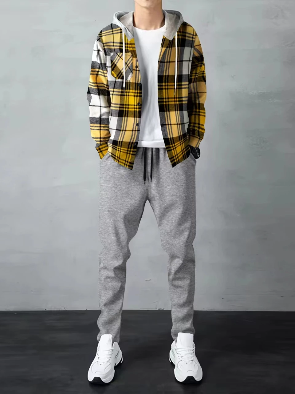 Cross-border 2024 Spring and autumn new men's leisure sports hooded plaid long sleeve - solid color slim pants fashion two sets