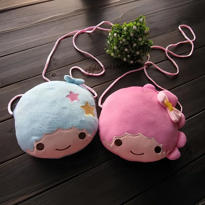 Sanrio pequenas estrelas gêmeas dos desenhos animados kawaii rosa e azul cabeça grande mochila de pelúcia macia ao ar livre jogar crossbody saco menina presente de fim de semana