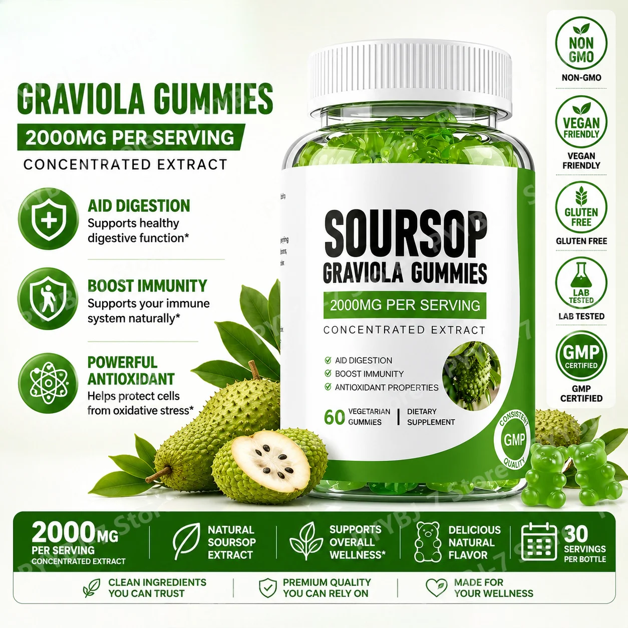 

Soursop Graviola Gummies with Vitamin C Zinc, 2000mg Leaf & Fruit Extract, Gluten Free Vegan, 60 Gummies Wellness Support