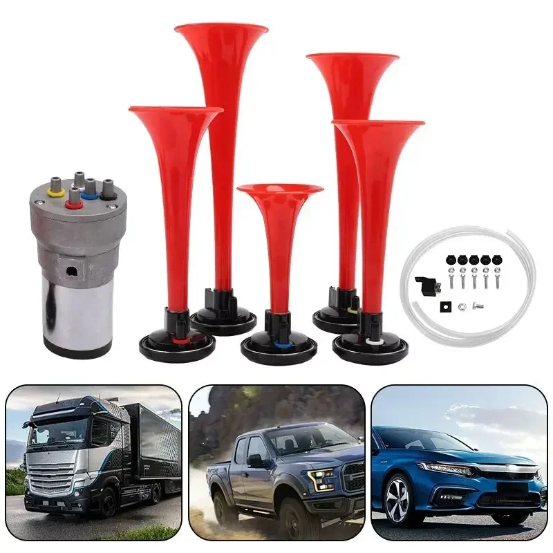 Durable 12v Car horn super loud whistle can be modified truck air pump air horn 5 tube music horn