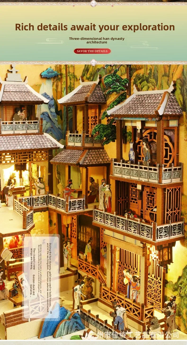 Wooden DIY Bookstand - Little House Han Palace Handcrafted Creative Assembly with Motion Sensor Light 3D Wooden Puzzle