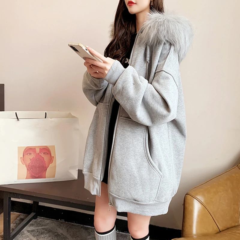 Y2K Fashion Solid Color Korean Style Fur Collar Zipper Hoodies 2024 Winter Thicken Harajuku Zipper Warm Cardigan Sweatshirt