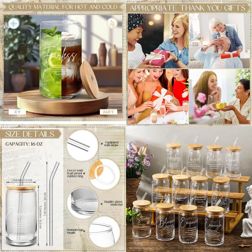 

Bulk 12-Piece Christian Christmas Gifts: 16 oz Bible Verse Glass Mugs with Bamboo Lids & Straws for Men, Women & Church Clergy