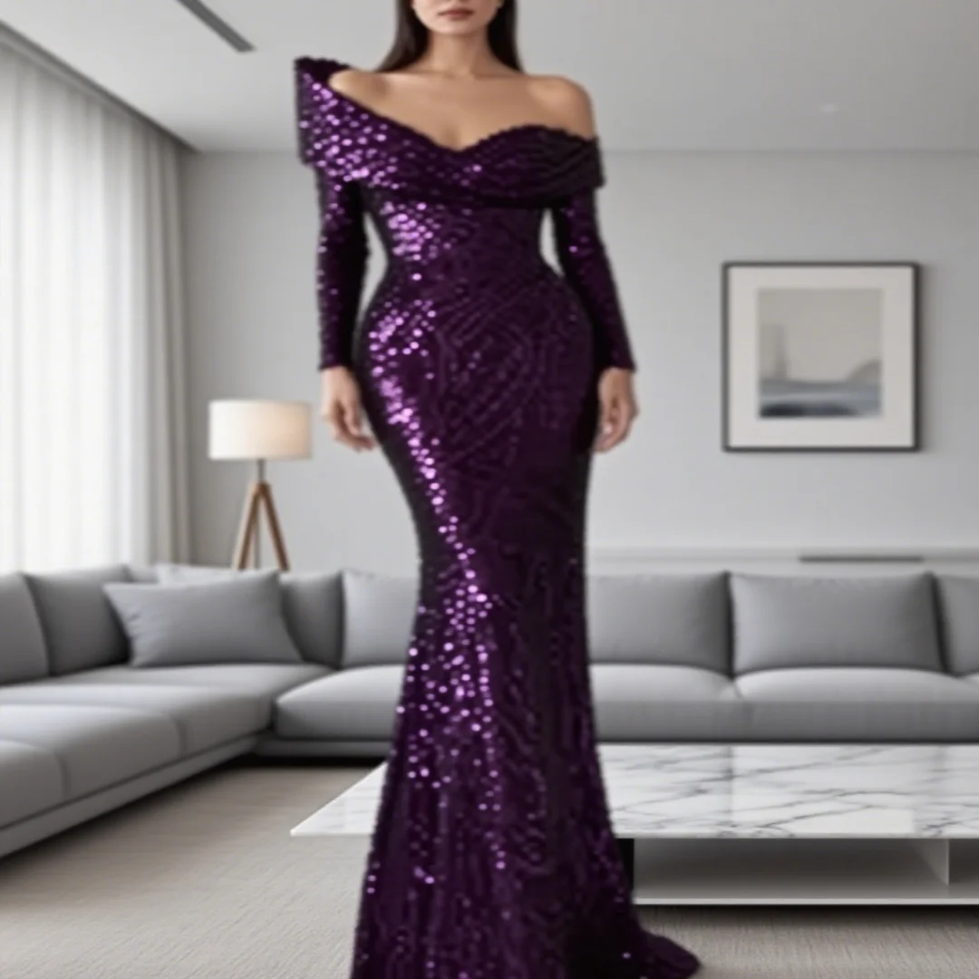 

Customized beaded sequin one-shoulder long-sleeved mermaid ball gown for ladies, formal evening dress