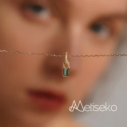 Metiseko 925 Sterling Silver Emerald Green Zircon Lock Shape Pendant Necklace Fashion Simple Necklace for Women