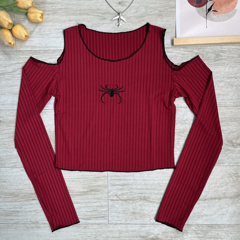 

Spider Print Women Crop Tops Ribbed Long Sleeve Off Shoulder Y2k Vintage Tops Streetwear Korean Style Autumn Clothes 2025 New