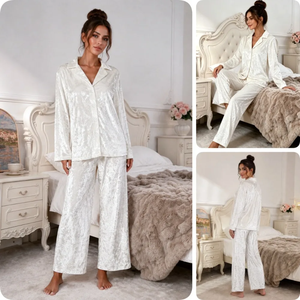 Velvet Notch Collar Long Sleeve Pajama Set for Women Thick Button Front Lounge Suit with Straight Leg Pants Cozy Fall Sleepwear