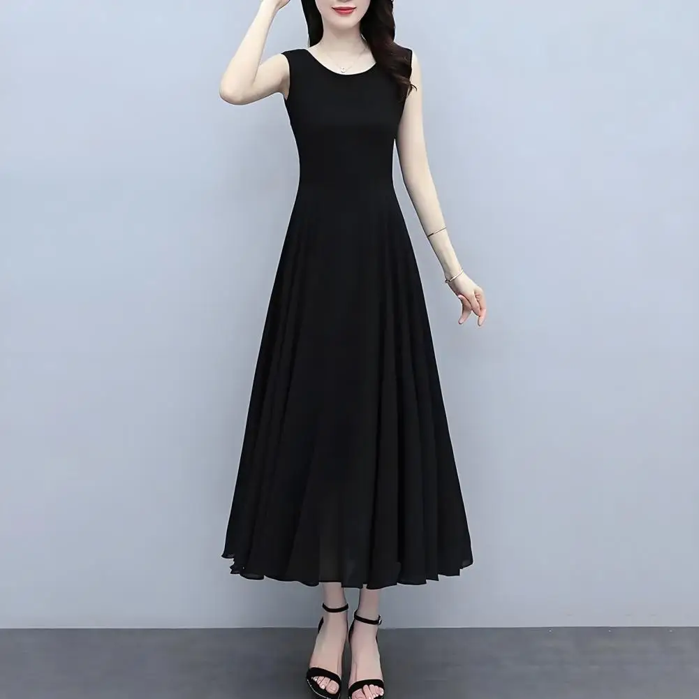 Vintage A-line Party Robe Women Sleeveless Basic Dress 2024 Summer Solid Tank Vestidos Elegant Collect Waist Midi Dresses