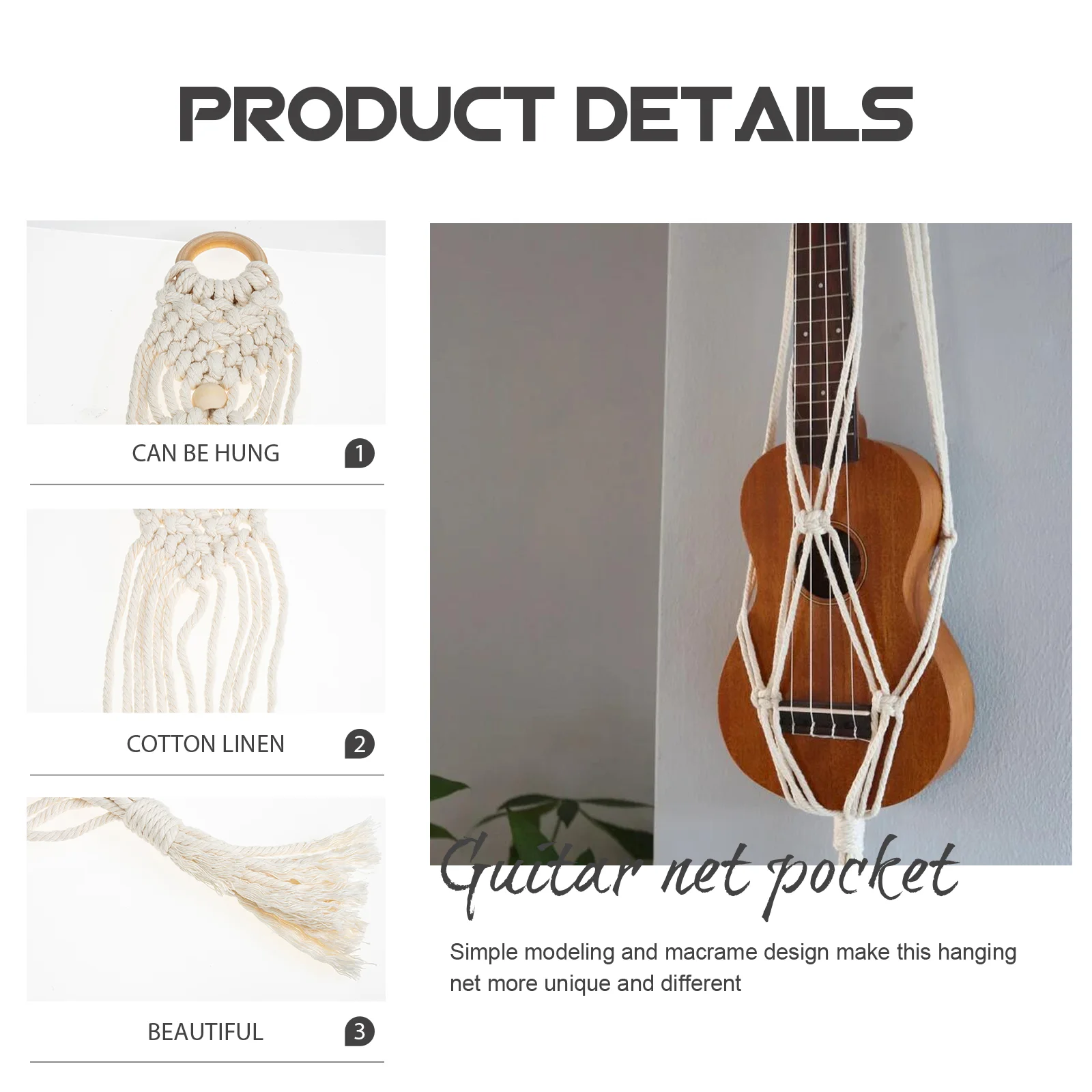 Guitar Storage Mesh Bag Hangers Wall for Ukulele Mount Instrument Holder Decorate Macrame Pendant Hanging Cotton Linen