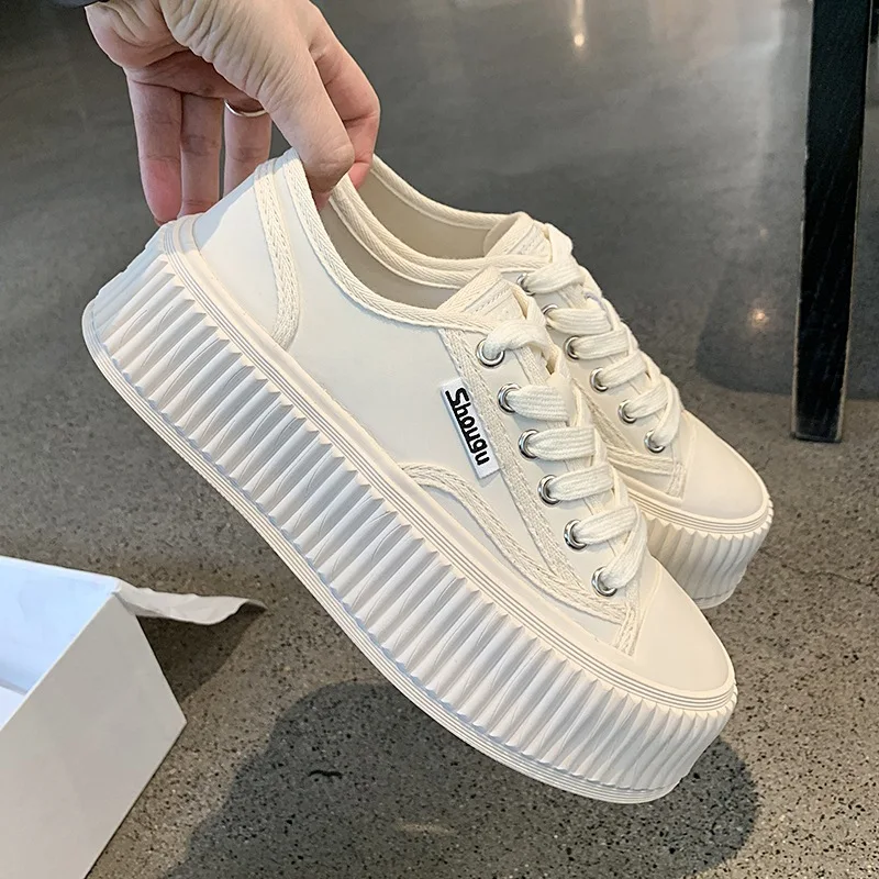 

2024 Women's Sports Vulcanize Shoes Ladies' Flat Black White Sneakers Thick-sole Students' Casual Daily-wear Canvas Four Seasons