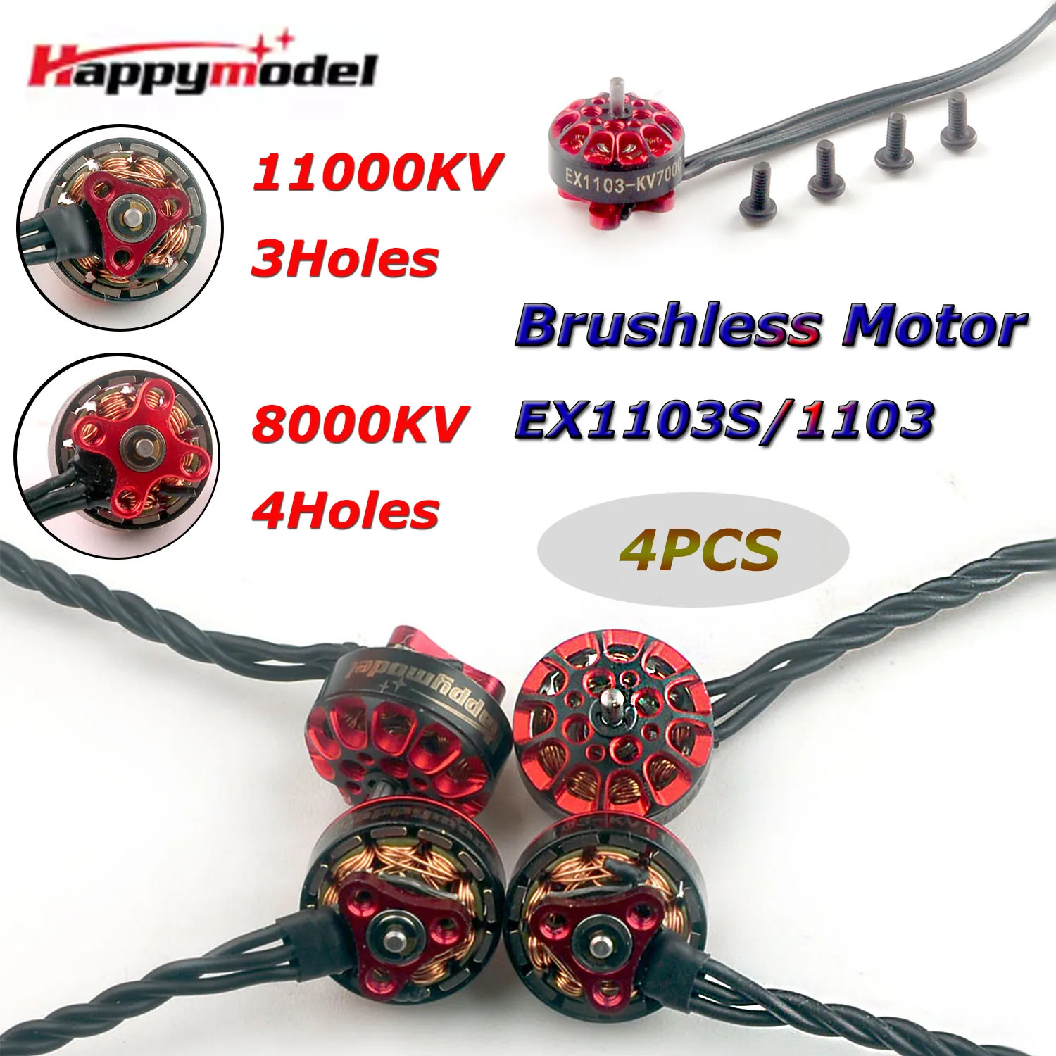 

Комплект из 4 бесщеточных двигателей HappyModel EX1103S/1103 8000KV 11000KV 2-3S для FPV-дронов Bassline Micro и авиамоделей