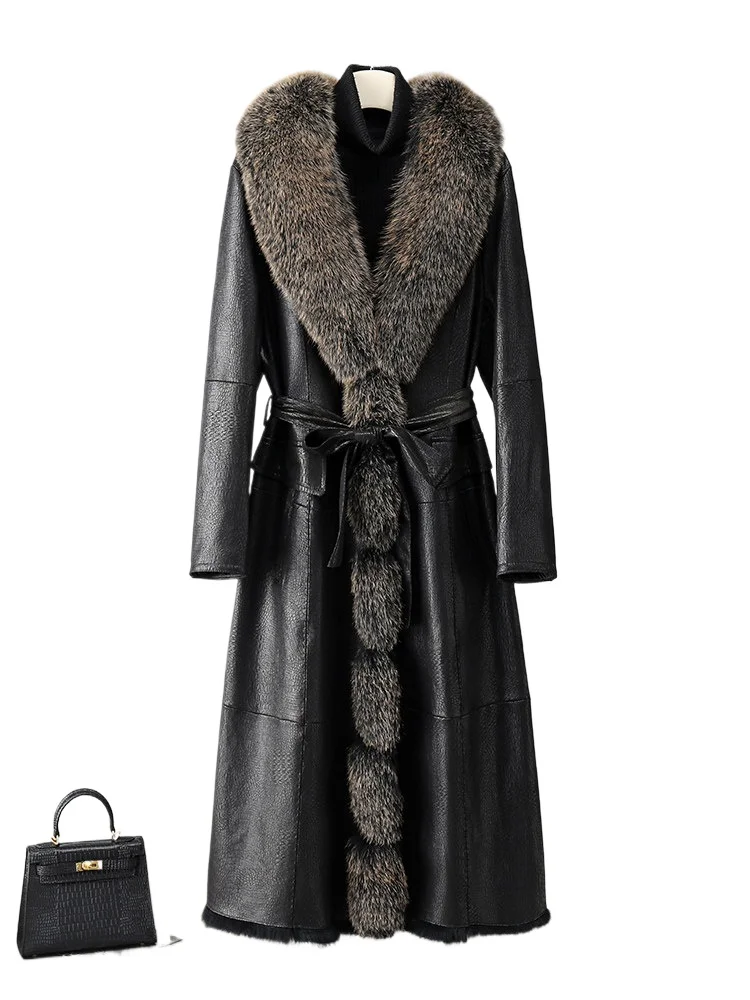 

Genuine fur integrated coat female fox fur collar full leather rabbit coat mid-length slim slim slim and thick