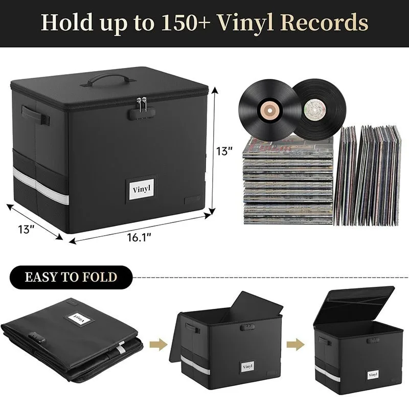 Fireproof Record Storage Boxes Foldable CD Storage Bins Waterproof Vinyl Record Organize Box with Lock Room Organize Accessories