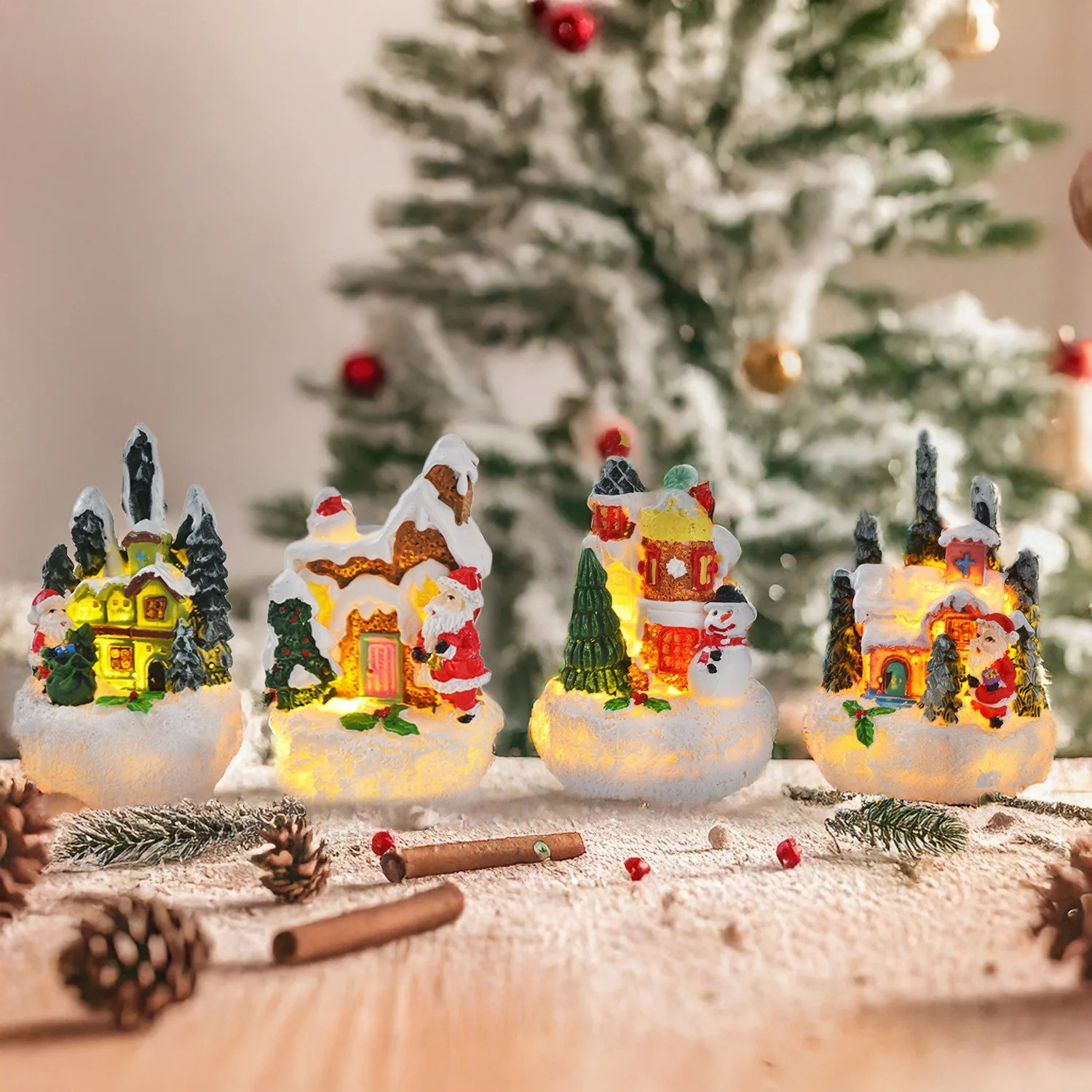 زينة عيد الميلاد شجرة عيد الميلاد سانتا كلوز منازل القرية ثلج المناظر الطبيعية الديكور