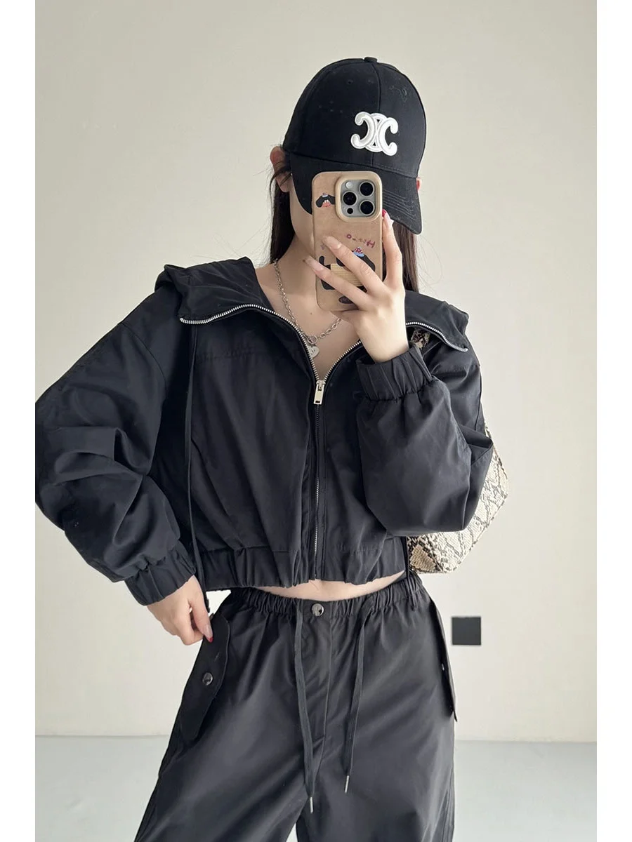 

Retro American Versatile Loose Fit Waist-Cinching Collared Jaet Women's Spicy ort Top Autumn Winter Cotton Blend Casual Wear