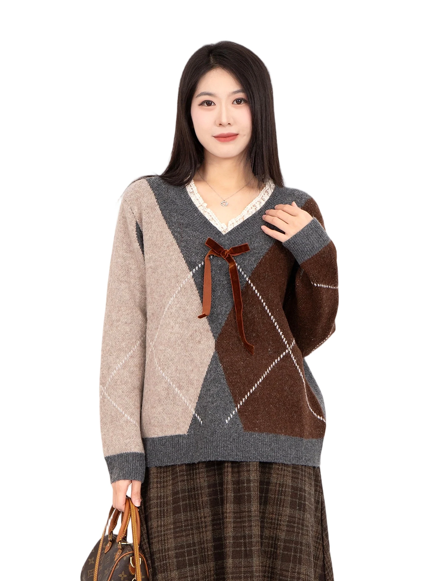 

Вязаный свитер оверсайз в стиле ретро с кружевными вставками, кофейного цвета, красивый базовый топ, с узлом