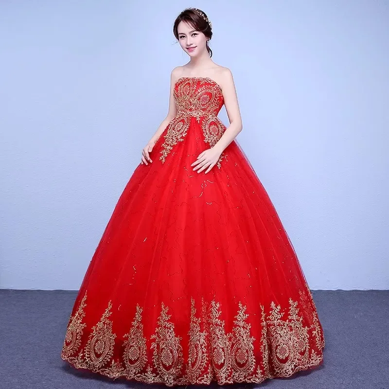 Red Tulle Wedding Dresses Cheap Golden Appliques Strapless Lace up Princess Floor-length Plus size Simple Bride Ball Gowns XN092