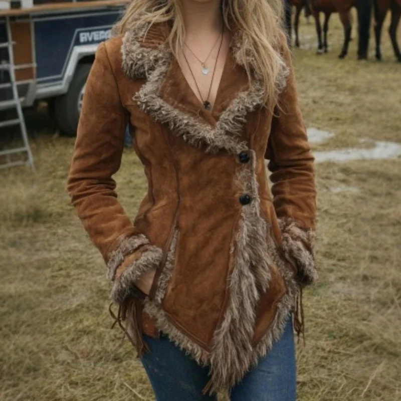 

Ladies Vintage Suede Coat Sweater Lapel Jacket