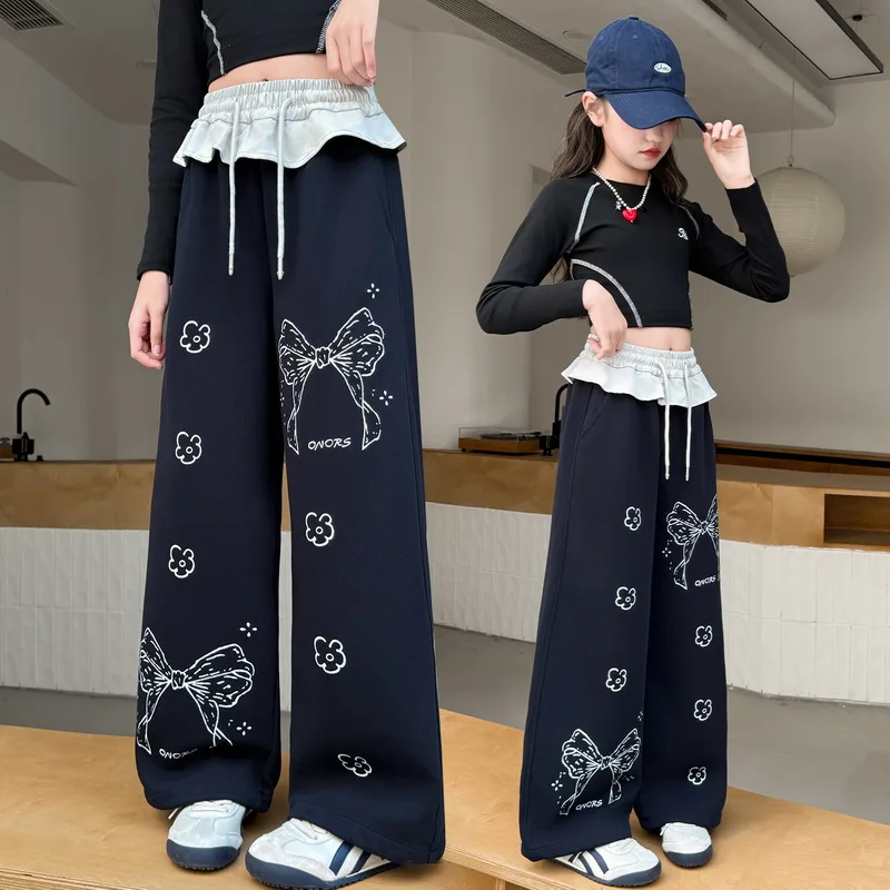 

Girls Spring Autumn Casual Pants Teenage Children's Butterfly Printed Knot Sweatpants Kids Lace Waist Long Trousers for 4-14Y