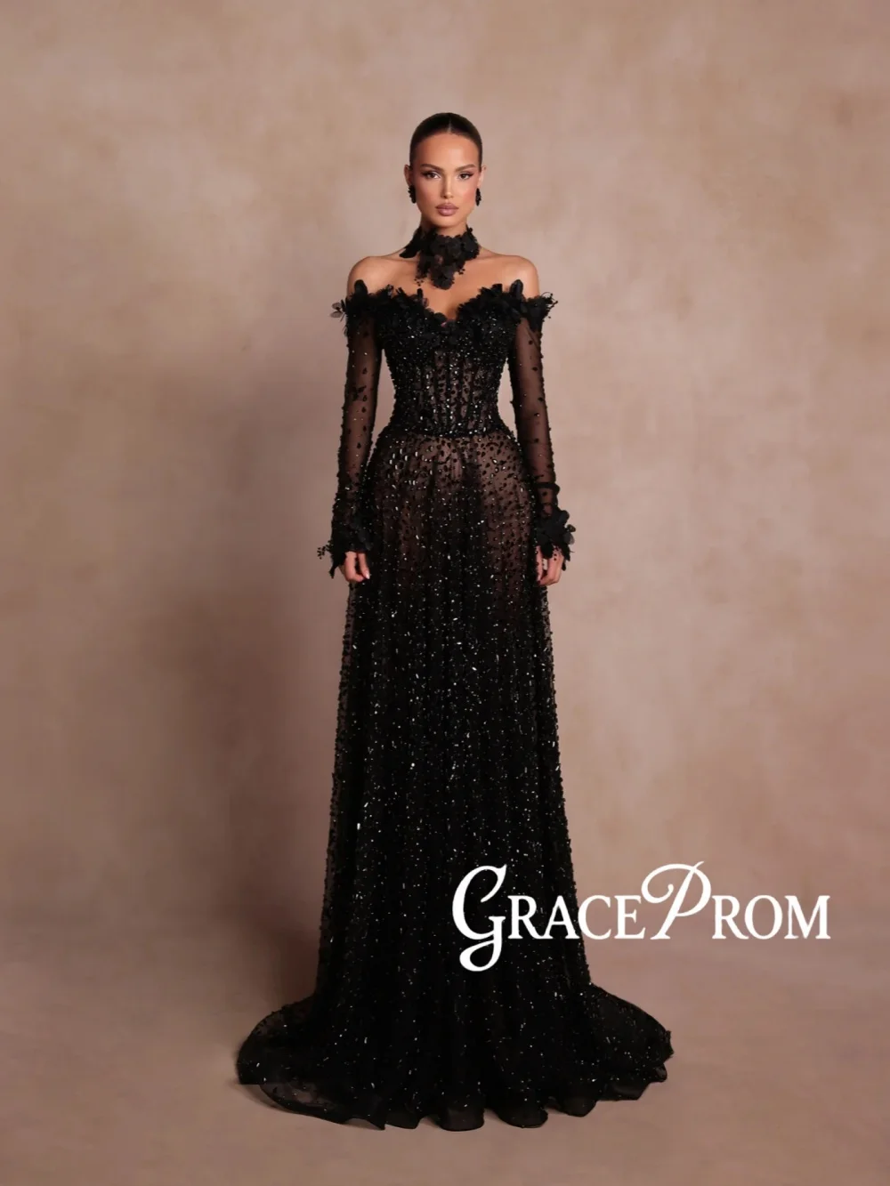 

Black Dazzling Crystal Evening Dress Elegant A-line 3D Floral Wedding Party Gown New Customized Long Opulent Red Carpet Gowns