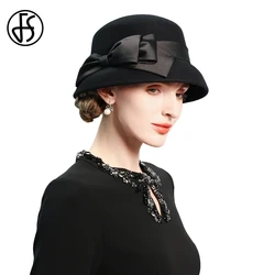 FS Wedding Church Millinery British Top Hats for Women with Bowknot Elegant Winter Wool Fedoras Ladies Fashion Bucket Cap