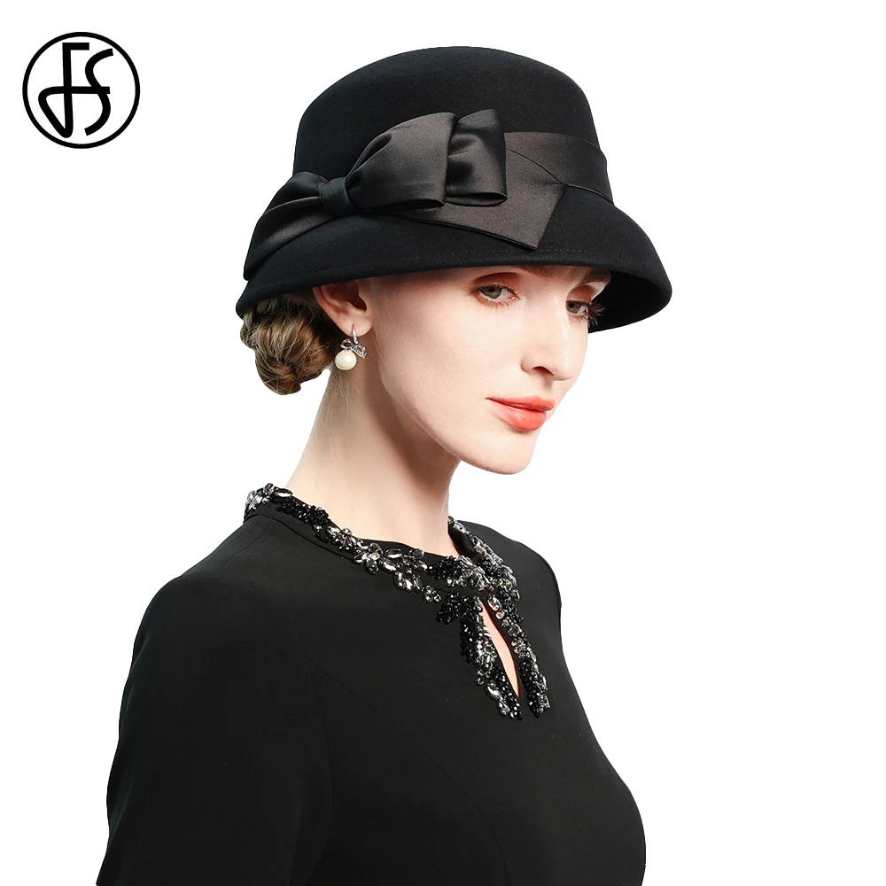 FS British Top Hats For Women With Bowknot Wedding Church Millinery Elegant Winter Wool Fedoras Ladies Fashion Bucket Cap