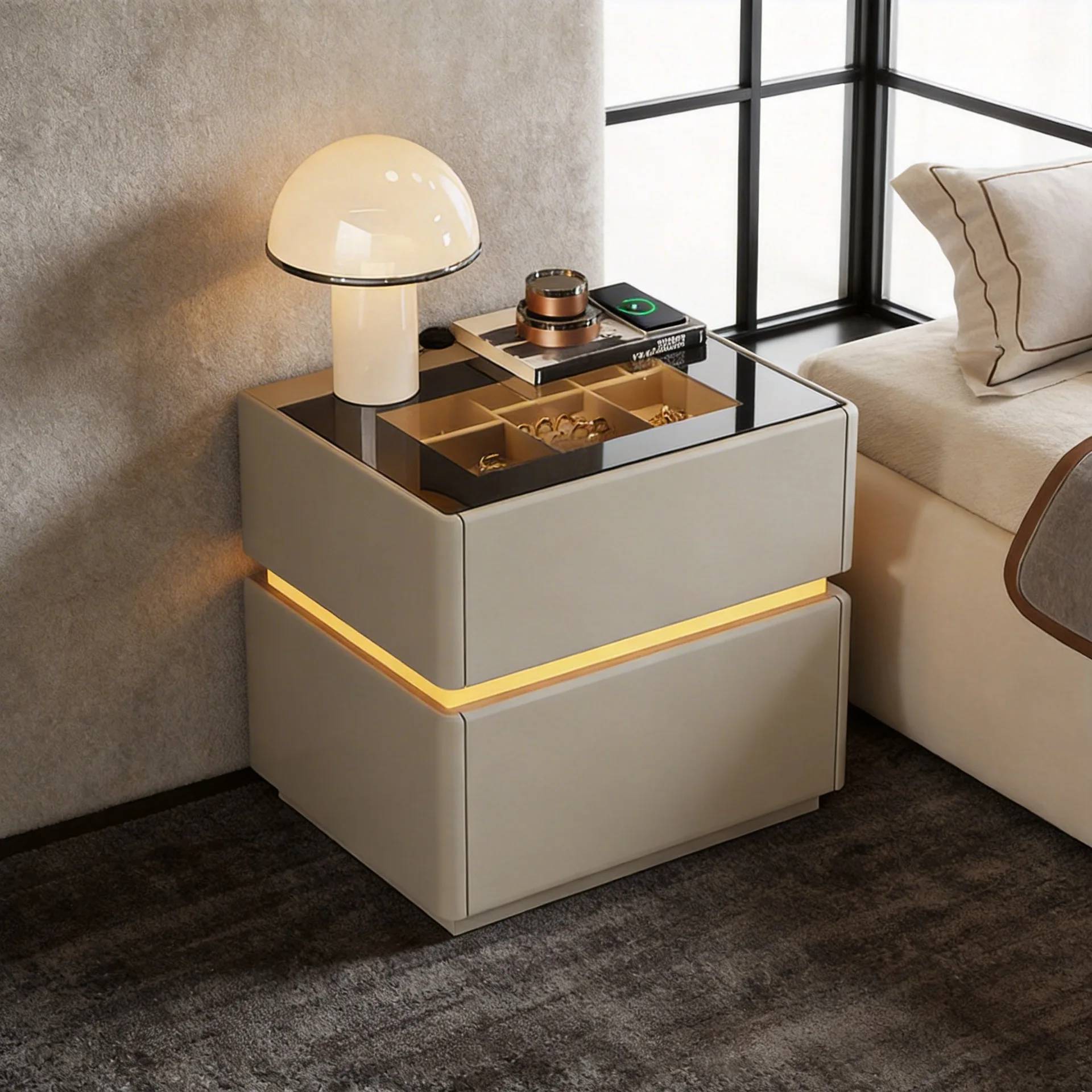 Minimalist solid wood paint bedside table with light luxury high-end feeling with secret lock bedroom bedside storage cabinet