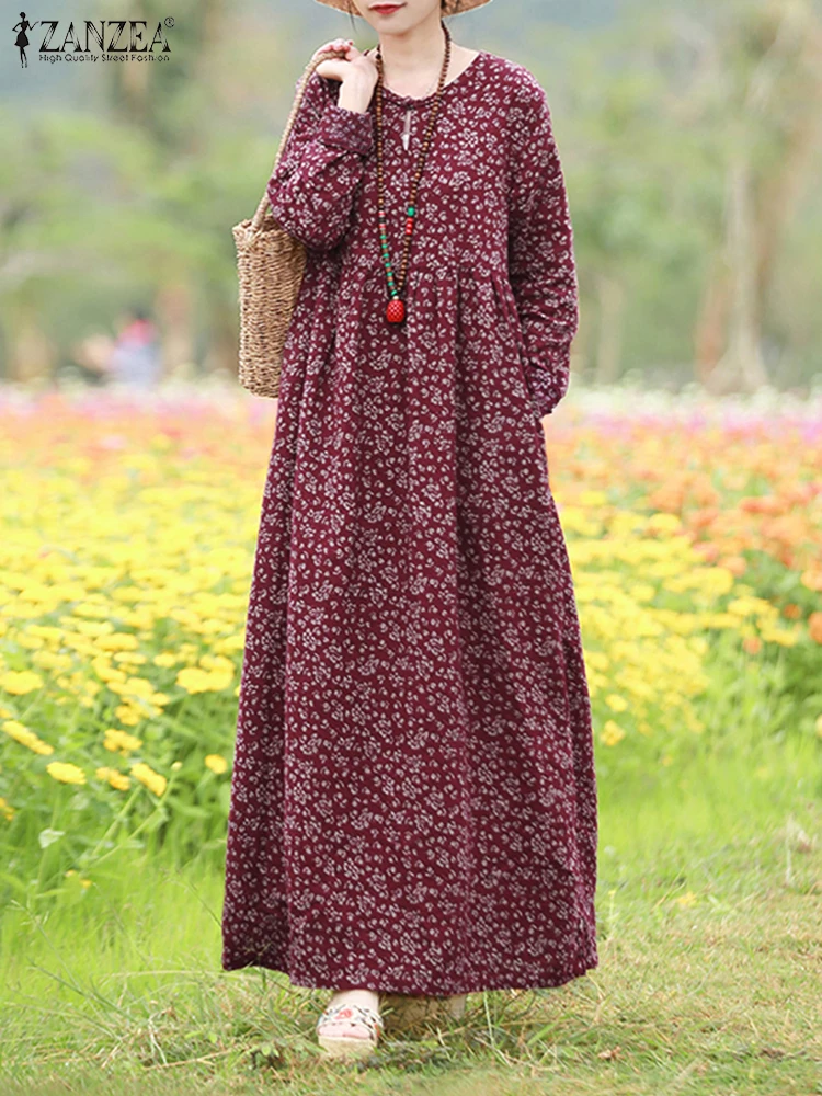 ZANZEA-Robe maxi en coton à imprimé floral pour femmes, manches longues, robe d'été décontractée, mode vintage, robes de vacances d'automne