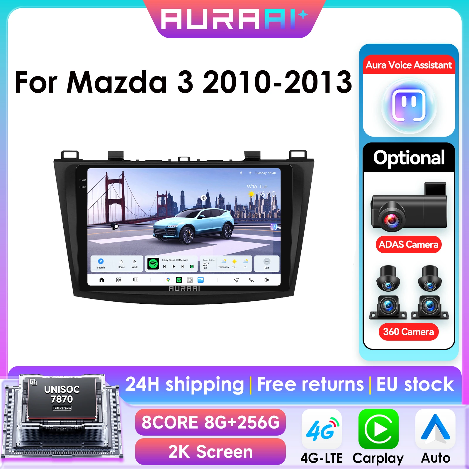 Autoradio Android 13 8G 256G AI écran 2K pour Mazda 3 2010-2013, CarPlay sans fil, Android Auto, 4G, GPS, BT, DSD, ADAS, double micro, caméra 360°
