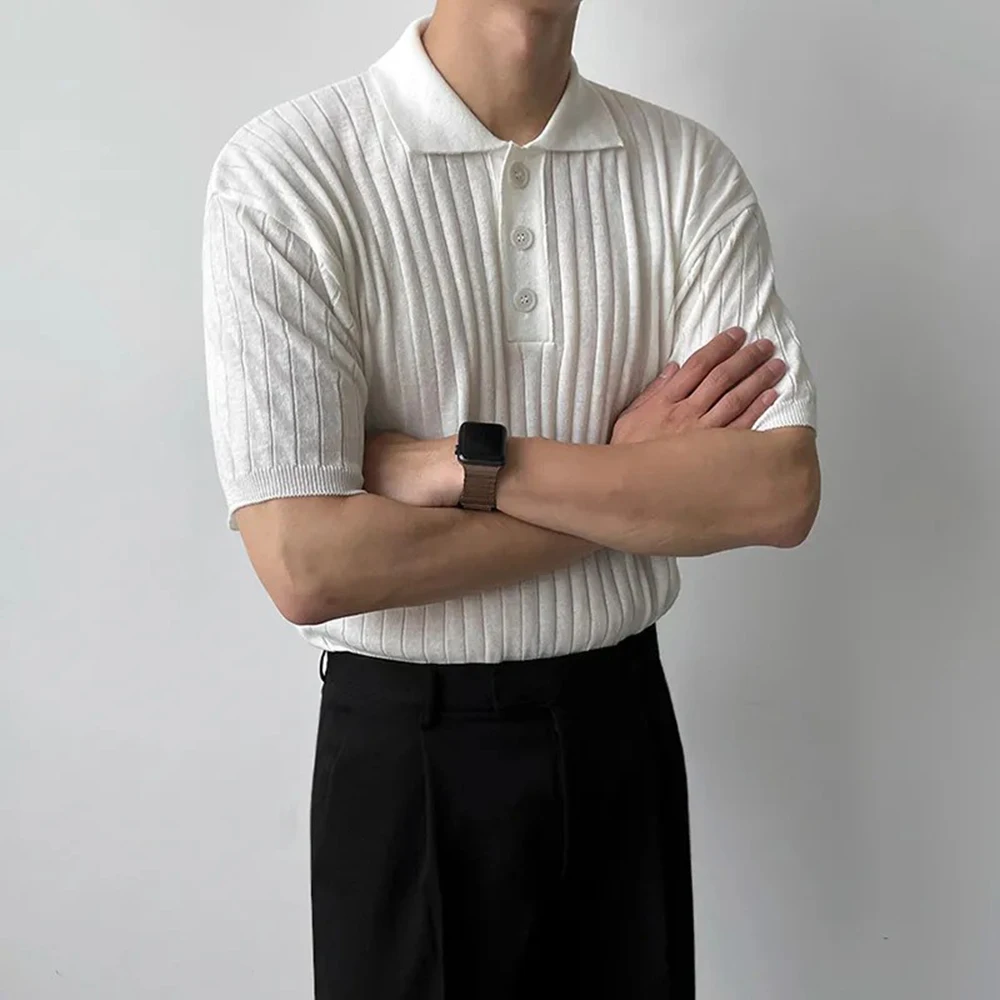 Summer New Male Solid Color Knitted Short-Sleeve T-Shirt American Retro Fashion Trend Casual Simple Loose Breathable Men's Top