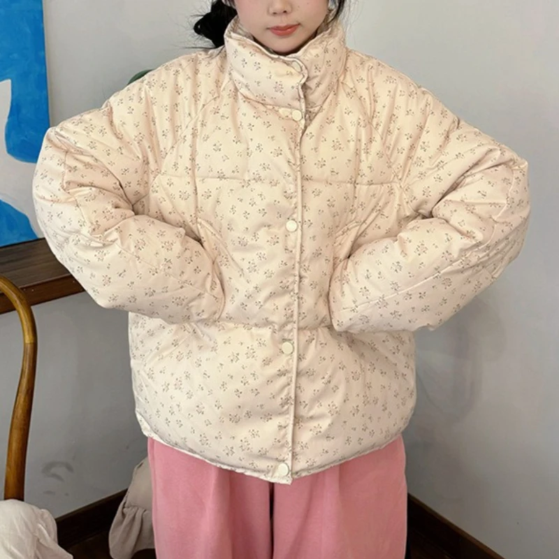 

Американская короткая куртка с хлопковой подкладкой с цветочным принтом, женское зимнее свободное теплое пальто большого размера, пальто с хлопковой подкладкой