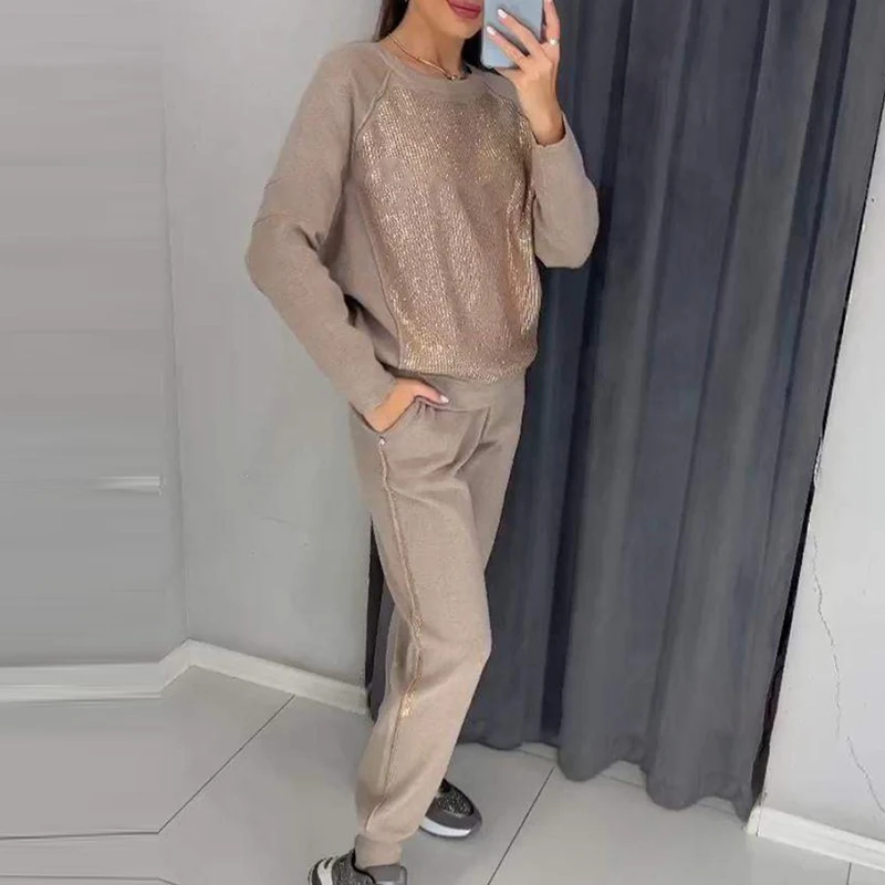 Casual Patchwork Sequin 2 Piece Set Casual Women O-neck Long Sleeve Top and Drawstring Pants Suits Fashion Loose Office Outfits