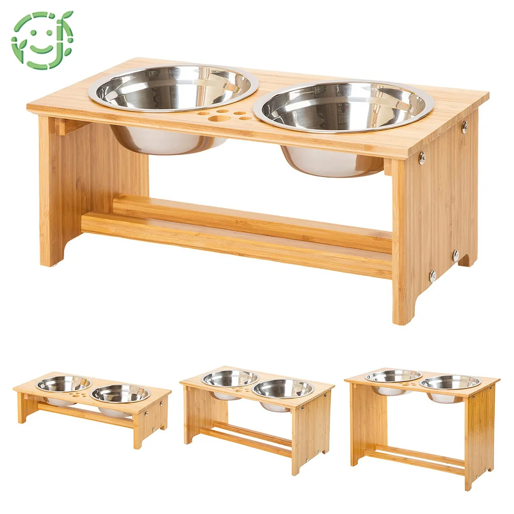

Large Bamboo Dog Bowls Rack Raised Dog Feeding Station Comes with a Nonslip Pad Easy to Clean