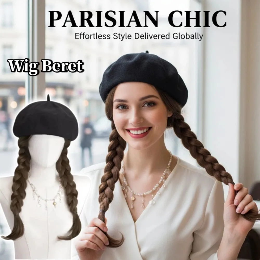 

Fashionable Long Curling Hair Wig Hat Braided Design Detachable Wig Beret Lifelike All-in-one Double Braid Wig Cap Women