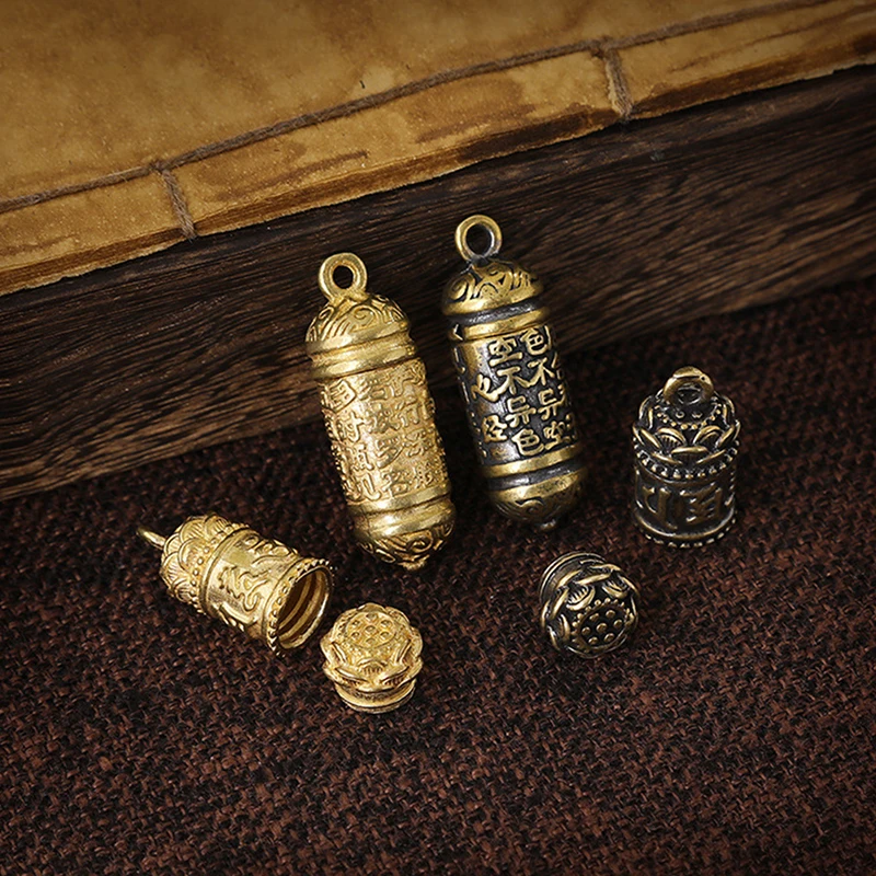 Hollow Brass Buddha Bottle Sutra Cylinder Pendant Keychain Necklace Jewelry Handmade Vintage Pill Box Container Bottle Keychains