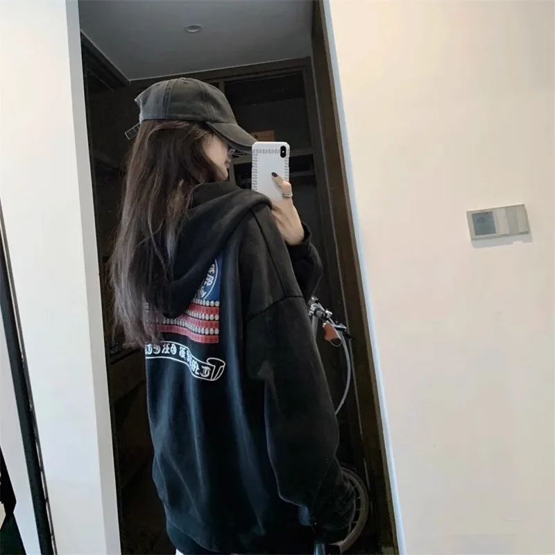 Fashionable Hooded Zipper Long Sleeve Sweatshirt Women's Spring New Loose Matching Outerwear Sanskrit Print Design Sensation