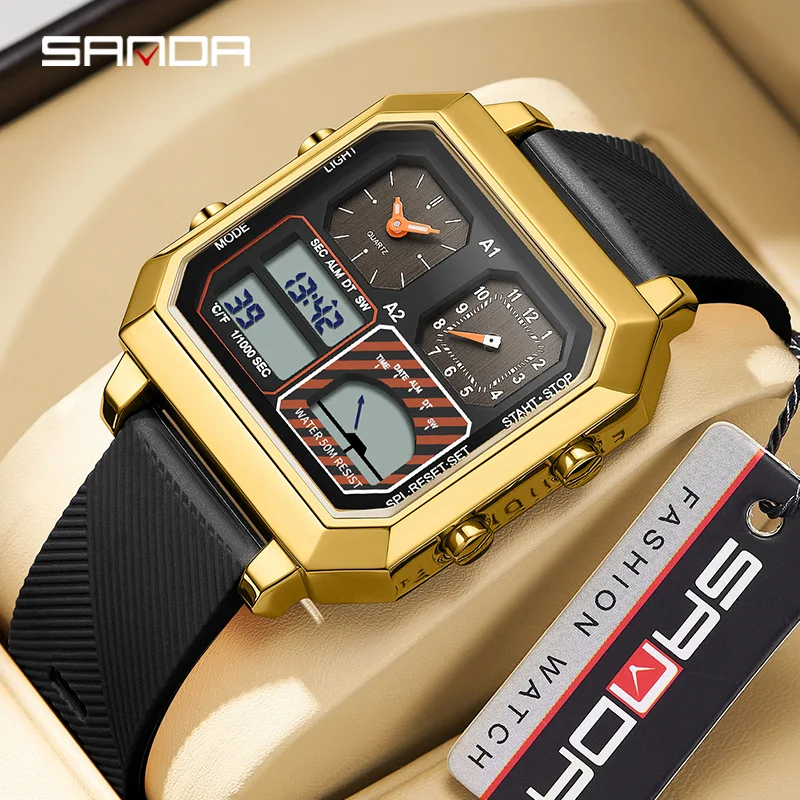 

SANDA 6210Men's Electronic Watch Environmental Temperature Measurement Three Location Time Waterproof Night Light Sports Watch