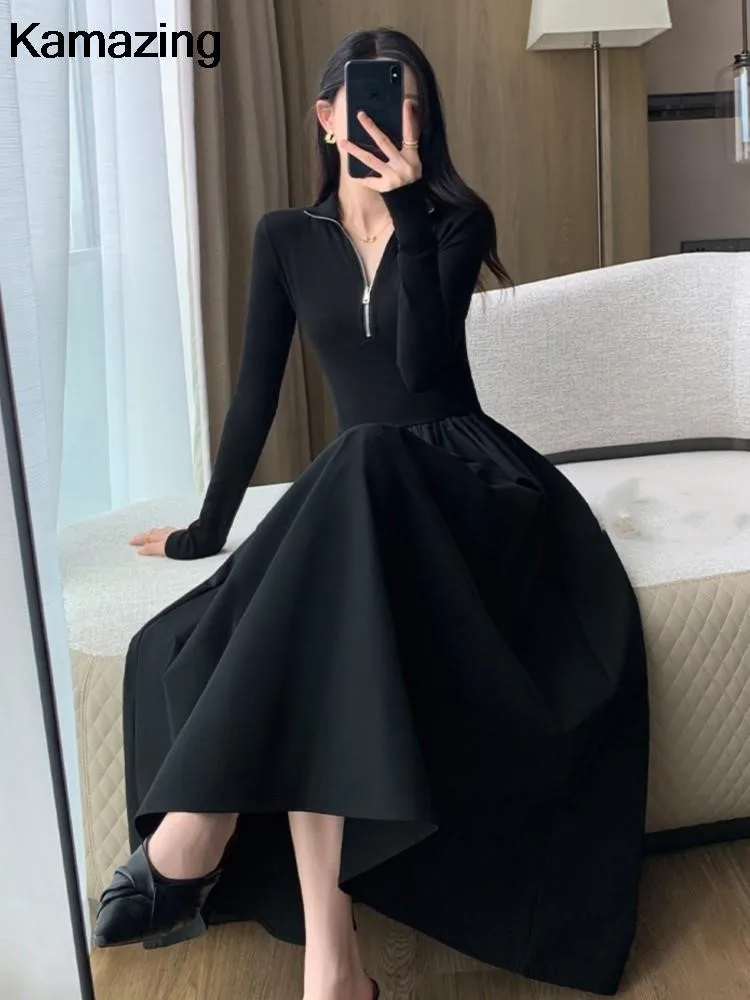 Elegant Vintage Long Sleeve Knitted Midi Dresses Women Korean Casual Slim Fit A-Line Black Birthday Party Robe Autumn Clothing