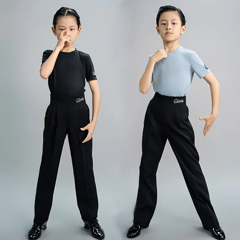 

Boys Latin Dance Outfit Round Neck Short Sleeve Top Pants Set Kids Dancing Performance Costume Blue Black Training Wear VDL3605
