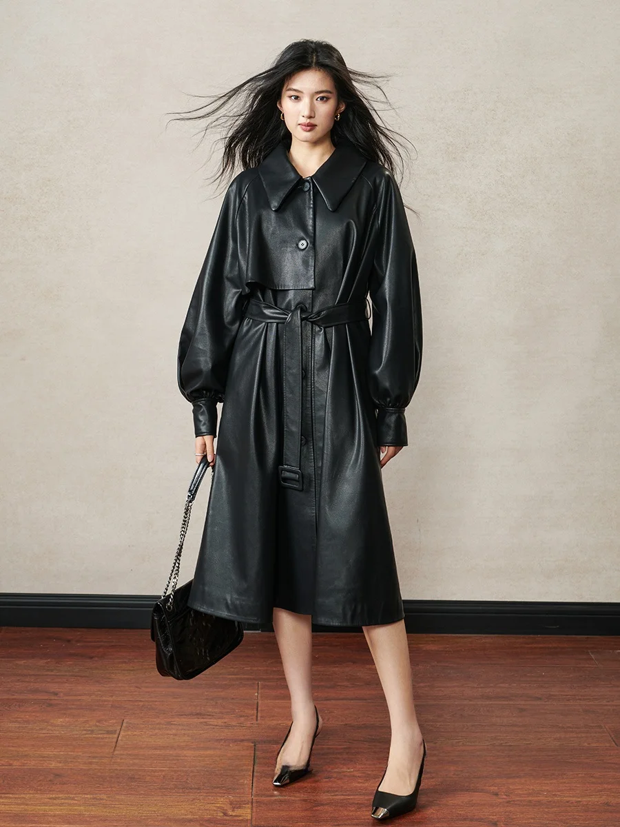 

Куртка-пальто Kiki из черной кожи, женская, весенняя, модная, для повседневной носки, с большим воротником, средней длины, верхняя одежда из полиэфирного волокна