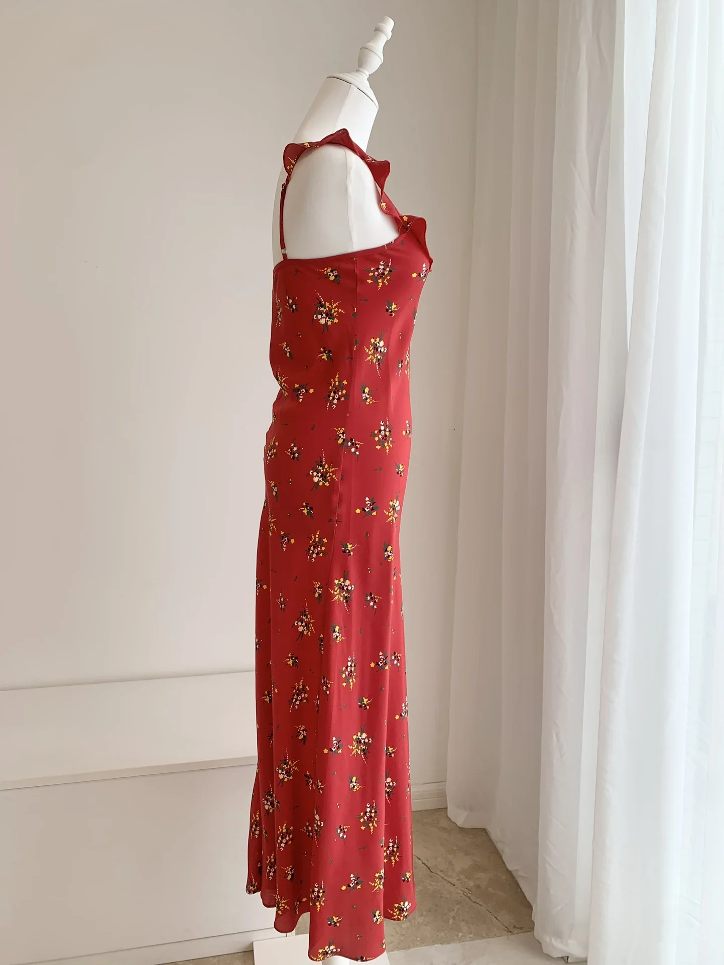 Women U Neck Flower Printed 100% Silk Slim Diagonal Cut Long Dress