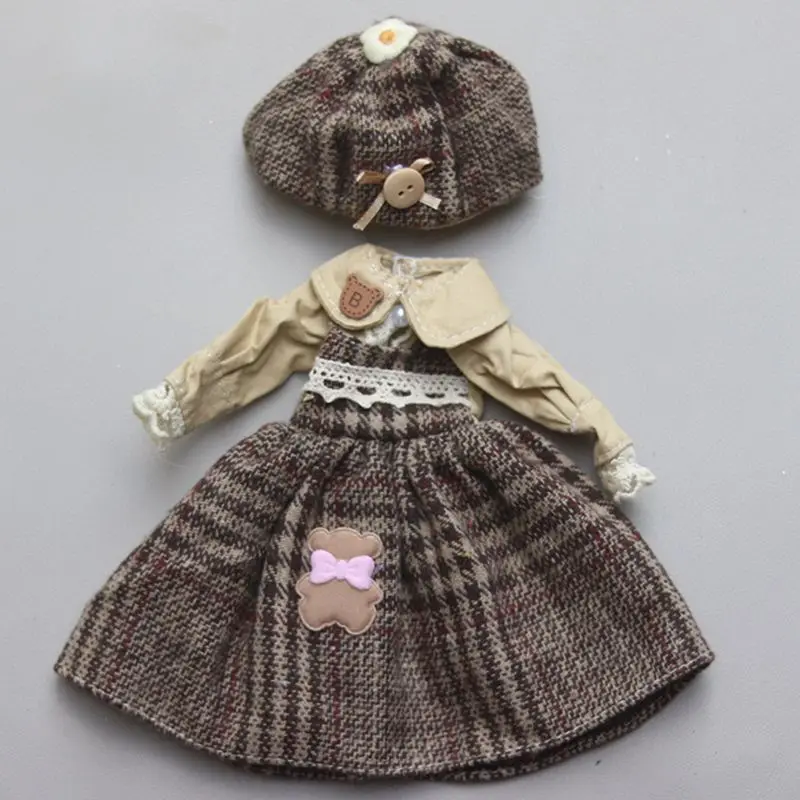 Cute Bear Pattern Doll Outfit for 1/6 30Cm Doll, Plaid Sling Dress with Lace Decor Package Contains .no Doll
