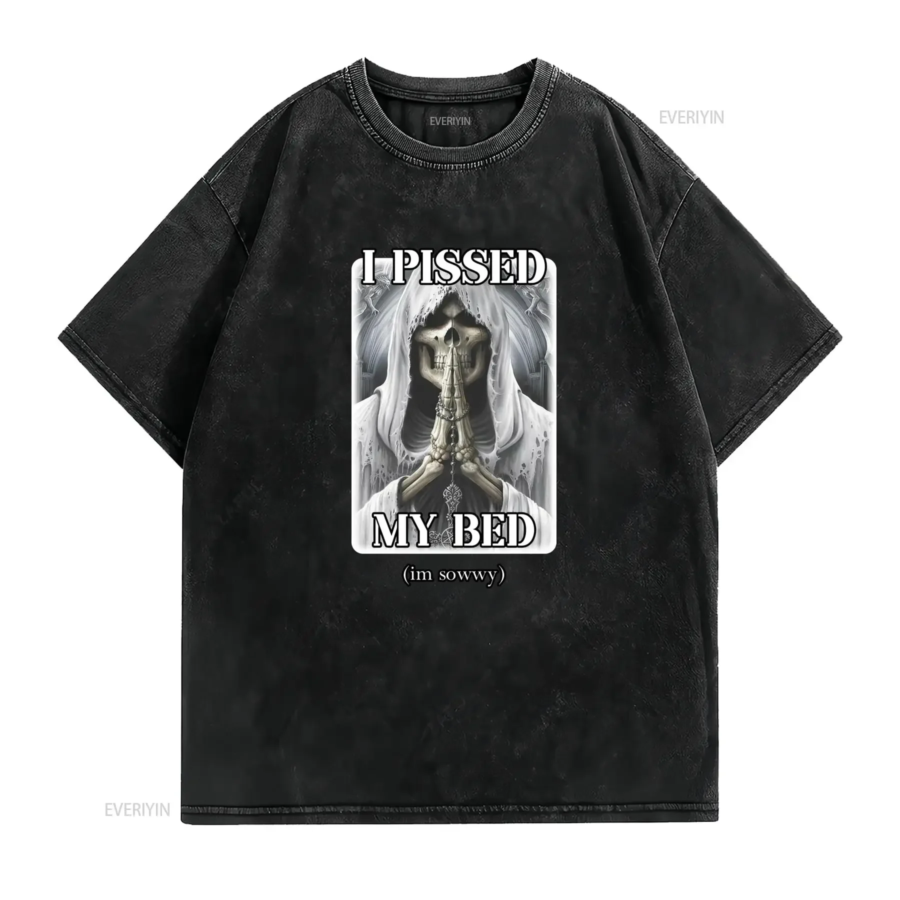 ' Funny I Pissed My Bed Badass Skeleton Peeing Print T Shirt Casual Round Neck Suitable for Parties Attire Humorous vintage