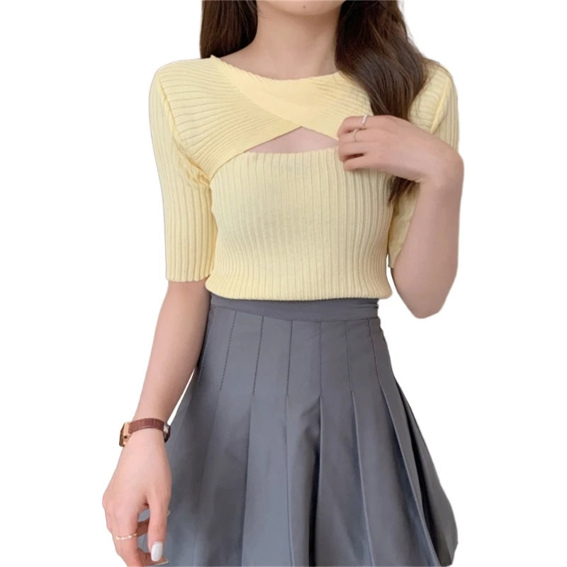 Hollow out Knitted Tops Short Sleeve Shirt for Women Sophisticated Blouses