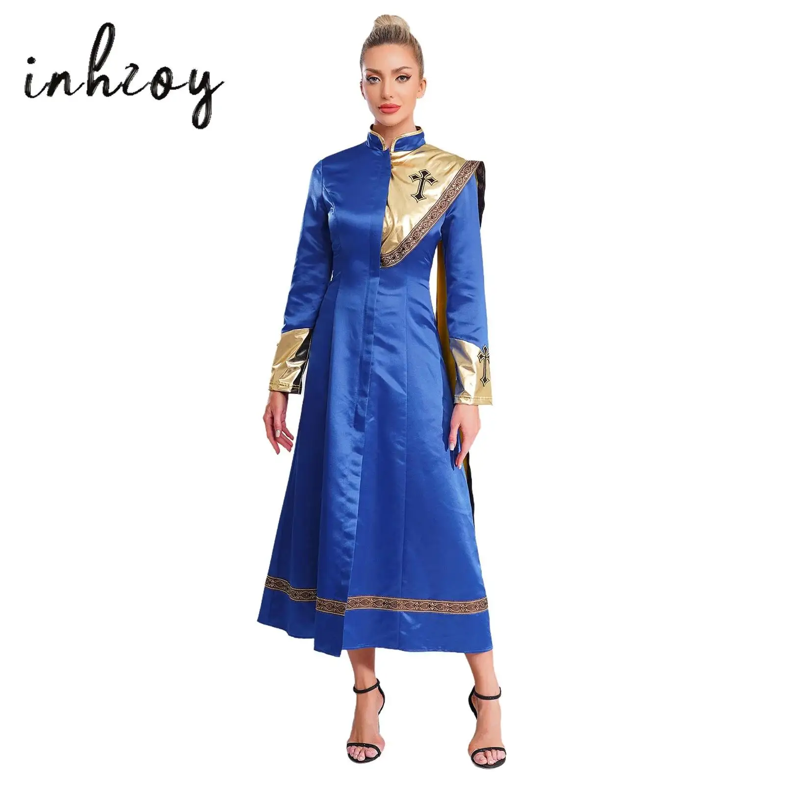 

Womens Halloween Priest Long Robe Dress Metallic Shiny Patchwork One Shoulder Drape Zipper Jackets Coats Church Clergy Cassock