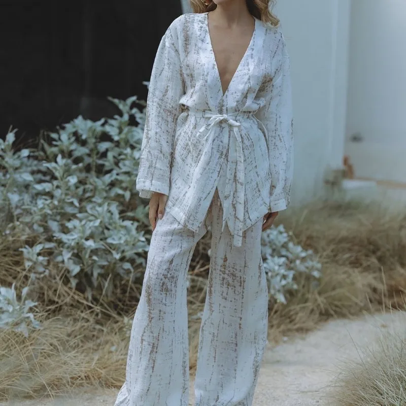 

Autumn Women's Casual Printed Suit Versatile Loungewear Lace Up Long Sleeves Trousers Pajamas Set L Size Outerwear Homewear